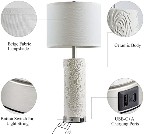 28 bijele keramičke Stolne lampe za spavaće sobe Set od 2, dodirne lampe za noćni ormarić sa bež lanenom sjenilom, moderna stolna