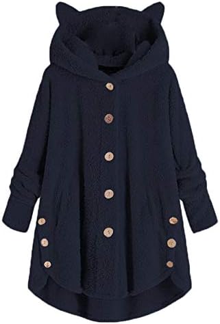 Andongnywell ženske duge rukave s dugim rukavima uho dukserice pulover kapuljača Fleece Solid Color Gumb Overcoats