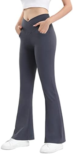 Jadd Womens Flare joga hlače s džepovima Crossover High Struk platna ploča od hlača za trbuhu