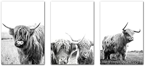 Crno-bijela Highland Cow Canvas Wall Art Longhorn Highland Cow Canvas Print Rustikalna seoska kuća Cow Wall Decor crno-bijele slike