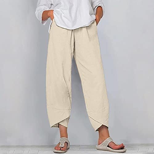 Beuu ljetne pantalone za žene casualti džepovi pamučni posteljina široka noga elastična struka kaprisa obrezane hlače