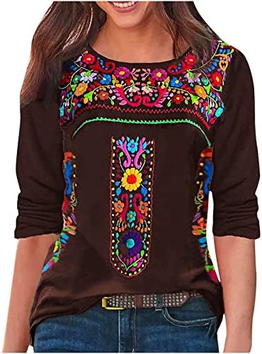 Meksički izvezeni vrhovi uzorke za žene plemenski boemski seljački majica dugih rukava laskati ležernu bluzu tunike
