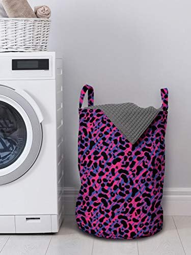 Ambesonne Jungle torba za pranje veša, 80-ih godina Vintage Leopard kože blistave boje Tiger Savannah Print, korpa za korpe sa ručkama zatvaranje Vezica za pranje veša, 13 x 19, Kraljevsko plava Hot Pink