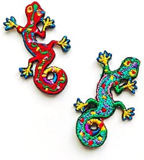 Set od 2 Tiny Mini Salamander Gecko Lizard Logo Slatko crtani SEW Gvožđe na izvezenom aplicijskoj znački znak patch odjeću kostim