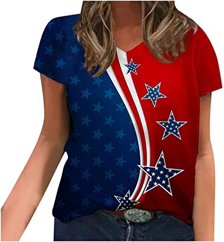 LEPPCY 4. srpnja Košulje žene, dan nezavisnosti Ljetna američka zastava Ispiši vrhove labavih kratkih rukava V-izrez bluza