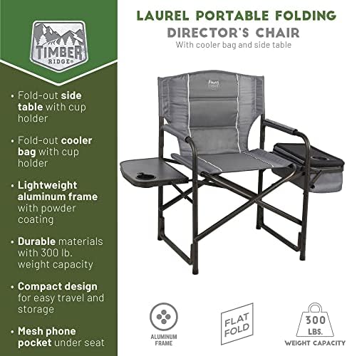 Lagana stolica za kampovanje sa drvenim grebenom, prenosiva Laurel direktorska stolica sa sklopivim bočnim stolom, torba za hladnjak & mrežasti džep, kompaktna Vanjska sklopiva stolica za travnjak, podržava 300 lbs, siva