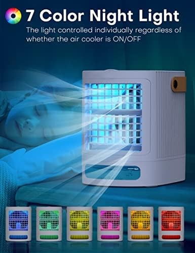 Mini klima uređaj, Balko lični hladnjak sa zvukom sa 3-nivoa, 7-boja noćno svjetlo, 3 brzine, USB napajani hladnjak za isparavanje