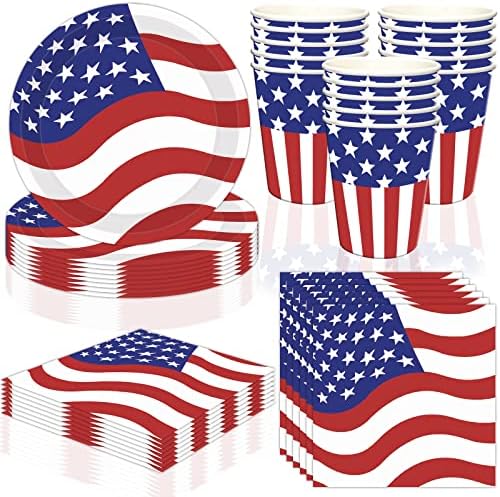 Američka zastava Patriotska stranka isporučuje za 30 gostiju, četvrtih ploča i salvete za salvete za dan nezavisnosti, dane memorijalnog