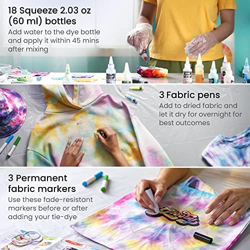 Arteza Tie Dye Kit, boja za tkanine 177 kom - 18 živih boja, 6 markera za tkanine, rukavice, gumice, štipaljke za odjeću, komplet