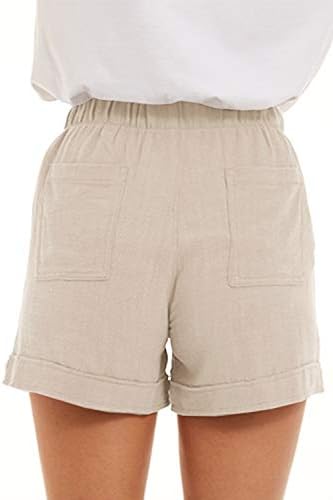 Zlatnipkf Ženske crteže Ležerne ljetne elastične strugove Shorts Pamučna posteljina s džepovima