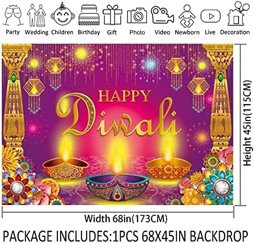 68x45inch ljubičasta Sretna Diwali pozadina Indija Festival lakih cvjetnih ukrasa za zabave Deepavali Hindu potrepštine za događaje