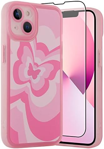 Jefonha iPhone 13 Slučaj sa [zaštitnikom zaslona], Slatka leptir dizajn za zaštitu fotoaparata za žene za žene djevojke, ružičaste