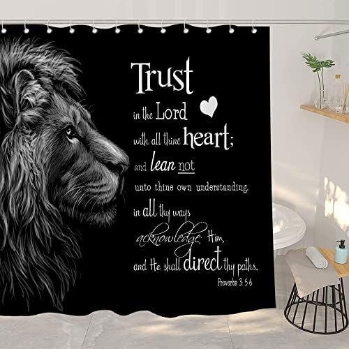 Crna lionska zavjesa za tuširanje 72x72 inča U Gospodin sa svima Thine Heart Inspiration Bible Stih Citati Tuš Curack Lion King Head