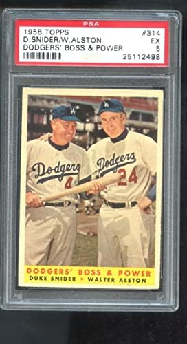 1958. TOPPS 314 Dodgers 'Boss & Power Duke Snider Walter Alston PSA 5 Ocjenjina kartica - bejzbol ploča Rookie kartice