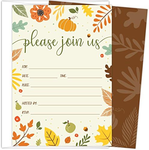 Koko Papir Co pada pozivnice u jesenjim bojama sa bundevom, voćem i cvjetnim. 25 Ispunite stil kartice i koverte za Dan zahvalnosti,