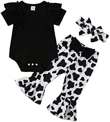 AdXsun novorođenče Djevojke Ljetna odjeća rebrasta ruffledher romper + prugasta / cvjetna / krava / leopard pantalone za hlače