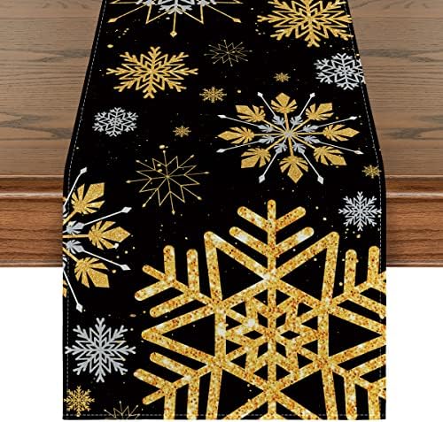 Artoid Mode Snowflake Crni zimski trkač stola, sezonska Božićna dekoracija kuhinjskog trpezarijskog stola za zabavu na otvorenom 13x72