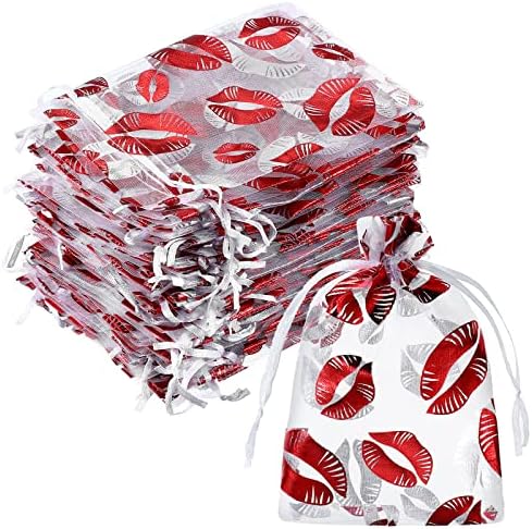 100 kom Valentinovo Organza torba sa vezicom, Sheer Red Lip štampani nakit poklon torbica, 4 x 6 inča mrežaste male Favor torbe za