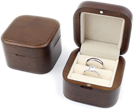 Rustikalni kvadratni orah Par prstenovi za angažman vjenčanje sa 2 utora Bež baršuna, drvena kutija za par prstena dvostruki prstenovi