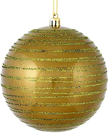 Vickerman 6 Božićna ornament Lopta, završna obrada od maslina sa sjajnim linijama, otporna na lomljenje plastike, praznični ukras za jelku, 3 pakovanja