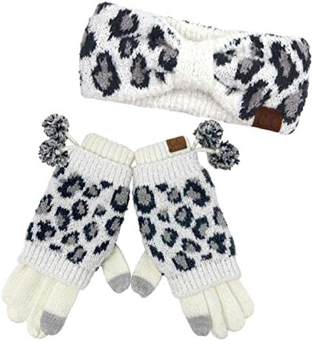 Funky Junque Womens Knit Leopard Print Faux fur Pom i manžetne panive i šalovi