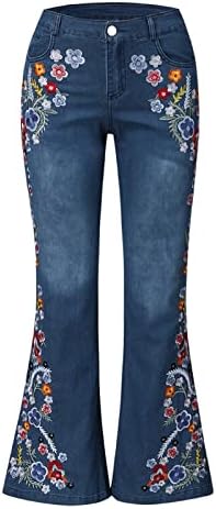 Ženska zvona dno traperice 2022 Modni četrinski pantni pantni hlače Cvjetni izvezeni srednji struk Flare Jeans