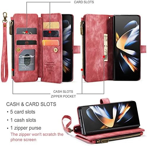 UEEBAI torbica za novčanik za Samsung Galaxy Z Fold 4 5G, Premium ručno rađena PU kožna futrola za telefon slotovi za kartice sa magnetnim zatvaračem džepni nosač preklopna torbica sa remenom za ruke - Vintage Red