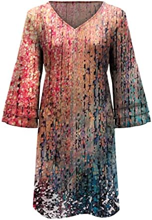 Omah Swing Print Mini haljina slatka ručica Shift Haljina Bell rukava Troslojna ljetna haljina za žene Ruckel V izrez