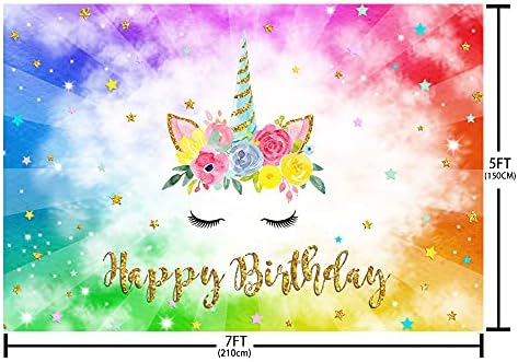 Mohofond Rainbow Unicorn pozadina Happy Birthday Party dekoracije za djevojčice princeza akvarel cvjetni sjaj zlatne zvijezde tačke