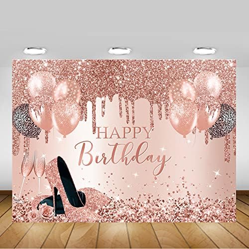 Mocsicka Rose Gold rođendan pozadina Happy Birthday Party Dekoracije Glitter Balloon visoke potpetice Rođendanska zabava pozadina za žene djevojke slatko 16 rođendan dekoracije )