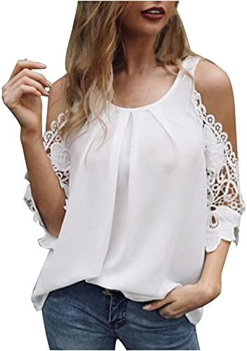 Ljetni vrhovi hladnog ramena za ženske kratke rušene košulje od čipke CUTOUT kratki rukav bluze od pune majice