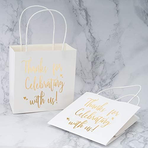 LaRibbons poklon torbe male veličine-zlatna folija Hvala što slavite sa nama bijele papirne kese sa ručkama za vjenčanje, rođendan, Baby Shower, pogodnosti za zabavu-12 pakovanja - 6,5 x 3,5x 6,5