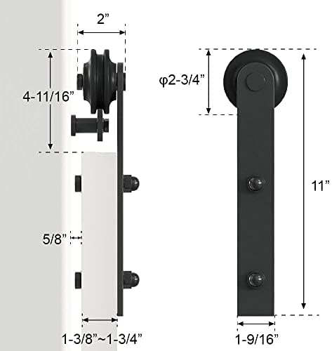 WINSOON 5FT Klizna jedrina hardverska vrata Crna ravna valjka za staza za drvo sa 1 kom 6-1 / 2 Ručke za ručke za ispiranje, pravougaonog ugradne nevidljivog postavljanja ravnog prsa