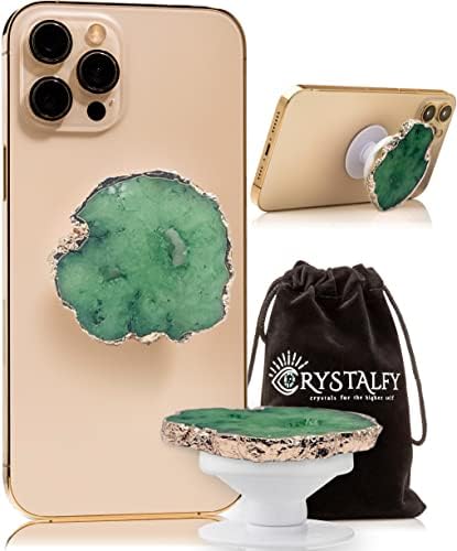 Crystalfy Green Druzy Kvarc sirove s otvorima Kristalno telefon i telefonsko postolje: Autentični prirodni dragog kamena za zamjenu, proširivi držač smanjuje pametne telefone i tablete