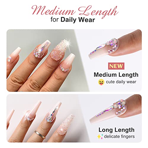 Srednja presa na noktima-Kikmoya Ombre ružičasti lijes sa kamenčićima dizajn sjajni lažni lažni nokti za višekratnu upotrebu u 12