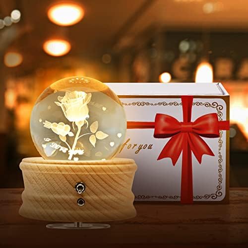 Dcovor Music Box 3D Rose Kristalna lopta za djevojke, drveni muzički kristalni globus sa projekcijom LED svjetlo, godišnjica rođendan