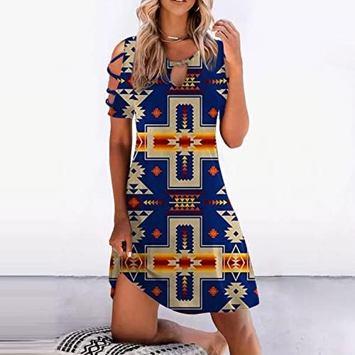 FIRERO Ljetne haljine za žene 2023, žene vintage Western Aztec Ispis patchwork kratkih rukava šupljina haljina