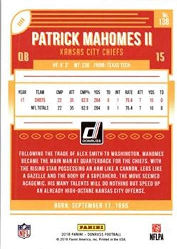 2018 Donruss Fudbal # 138 Patrick Mahomes II Kansas City Chiefs Službena NFL trgovačka kartica