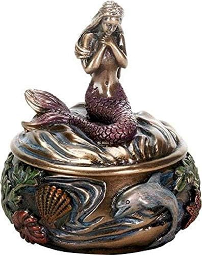Samit Kolekcija ukrasna umjetnost stilske sirene morske sirena koja drži ruku preko prsa moli se sirena fantastična smola nakit trinket kutija 3,25 inča visoka lažna bronza