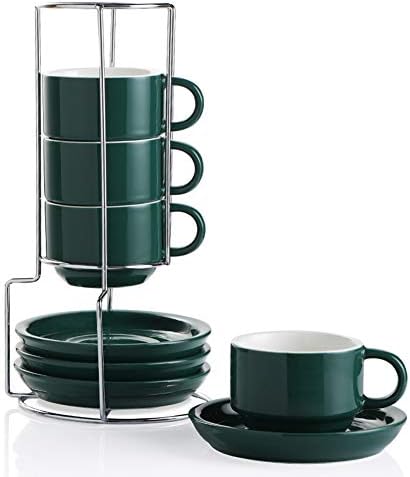 Sweejar Porcelain Espresso šalice sa tanjurima, 4 unca kapućinske šalice sa metalnim postoljem za pića za kavu, Latte, čaj - set od